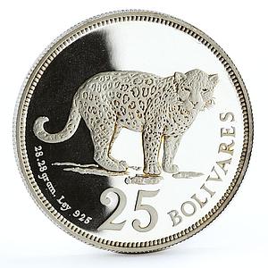Venezuela 25 bolivares Endangered Widllife Leopard Cat Fauna silver coin 1975
