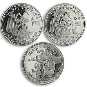 Trade dollar set of 3 coins Year of Rabbit Macau copper-nickel proof 1999