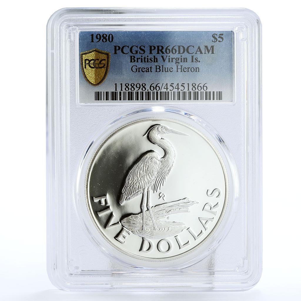 British Virgin Islands 5 dollars Big Blue Heron Bird PR66 PCGS silver coin 1980