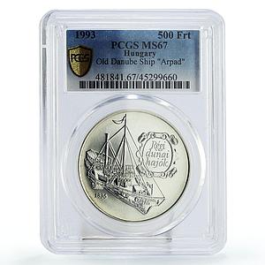 Hungary 500 forint Old Danube Ship Arpad Sailboat MS67 PCGS silver coin 1993