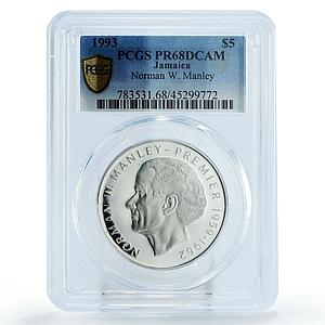 Jamaica 5 dollars N.W. Manley - Independence PR68 PCGS proof silver coin 1993