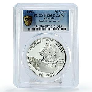 Vanuatu 50 vatu Protect Our World Fauna Whale Ship PR69 PCGS silver coin 1993