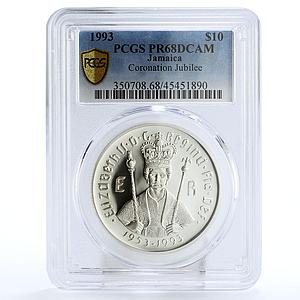 Jamaica 10 dollars Coronation Jubiliee Elizabeth II PR68 PCGS silver coin 1993