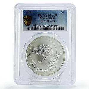 New Zealand 1 dollar Kiwi Bird Fauna Fern Leaf MS68 PCGS silver coin 2011