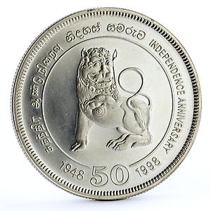Sri Lanka 1000 rupees 50 Years of Independence Lion Statue silver coin 1998