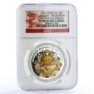 Cook Islands 5 dollars Yellow Dragon Prosperity PF70 NGC colored Ag coin 2012