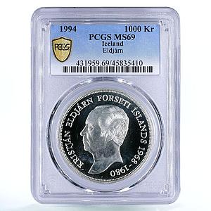 Iceland 1000 kronur 3rd President Kristjan Eldjarn MS69 PCGS silver coin 1994