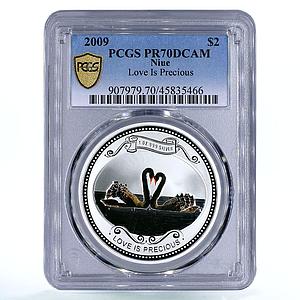 Niue 2 dollars Love is Precious Black Swans Birds PR70 PCGS colored Ag coin 2009