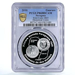 Paraguay 1 guarani Historical 1st Coin 1845 1/2 Reals PR68 PCGS silver coin 2010