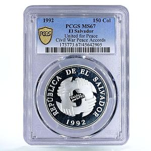 Salvador 150 colones Union for the Peace Handshake MS67 PCGS silver coin 1992