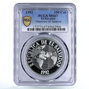 Salvador 150 colones Two Worlds Columbus Ship Clippers MS67 PCGS Ag coin 1992