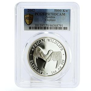Zambia 5000 kwacha African Wildlife Elephants Fauna PR70 PCGS silver coin 2002