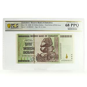 ZIMBABWE 50 TRILLION DOLLARS BANKNOTE CURRENCY PPQ68 PCGS UNCIRCULATED 2008