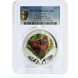 Tuvalu 1 dollar Endangered Wildlife Orangutan Fauna PR69 PCGS silver coin 2011