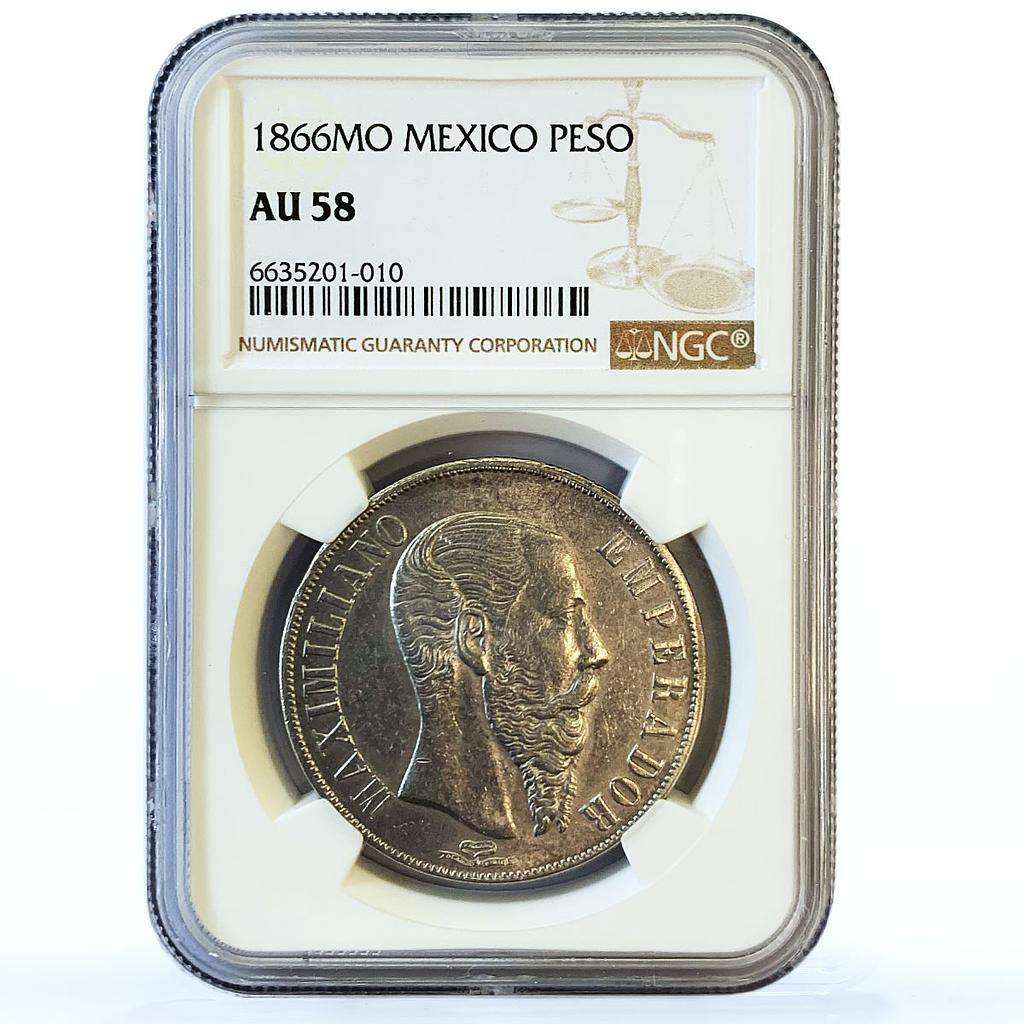 Mexico 1 peso Maximiliano I AU58 NGC silver coin 1866