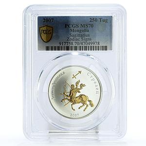 Mongolia 250 togrog Zodiac Signs Sagittarius MS70 PCGS gilded silver coin 2007