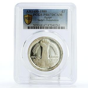 Egypt 1 pound Sadat Revolution Raising Feast PR67 PCGS silver coin 1980
