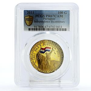 Paraguay 100 guaranies 200 Years Independence Horseman PR67 PCGS Cu coin 2011