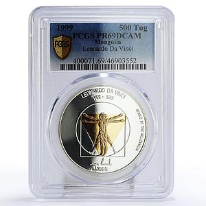 Mongolia 500 togrog Leonardo Da Vinci Vitruvian Man PR69 PCGS silver coin 1999