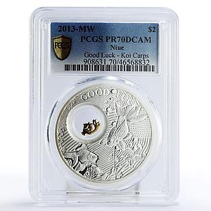 Niue 2 dollars Lucky Symbols Good Luck Koi Carps Fish PR70 PCGS silver coin 2013