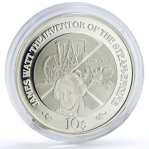 Fiji 10 dollars Scottish Inventor James Watt Steam Engine proof silver coin 2008