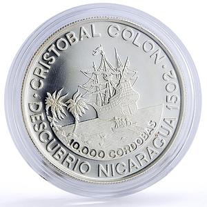 Nicaragua 10000 cordobas Discovers Columbus Ship Clipper proof silver coin 1989