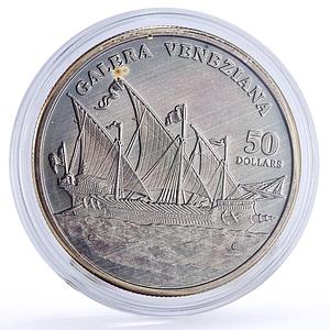 Marshall Islands 50 dollars Seafaring Galera Veneziana Ship silver coin 1998