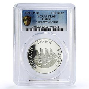 Finland 100 markkaa Aland Autonomy Ship Clipper PL68 PCGS silver coin 1991