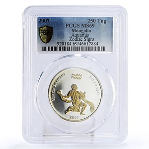 Mongolia 250 togrog Zodiac Signs Aquarius MS69 PCGS gilded silver coin 2007