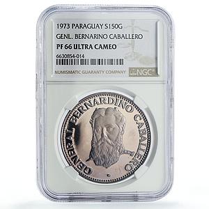 Paraguay 150 guaranies General Caballero Politics PF66 NGC silver coin 1973