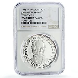 Paraguay 150 guaranies Poet Johann Goethe Literature PF67 NGC silver coin 1973