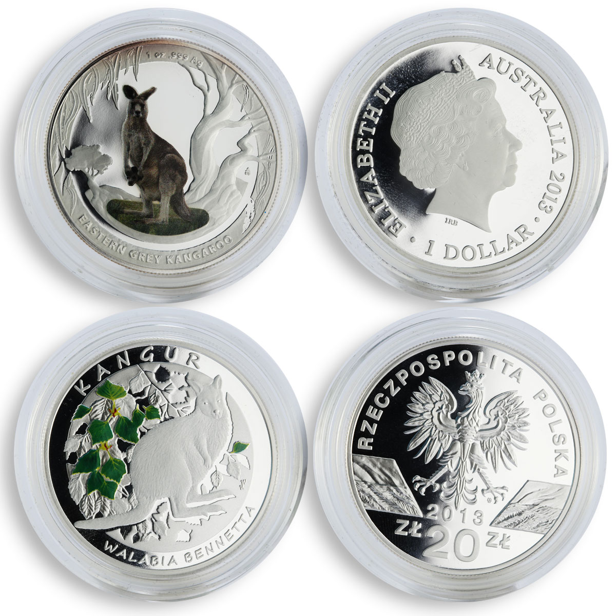 Australia Poland set of 2 coins Kangaroo colored proof silver coin 2013