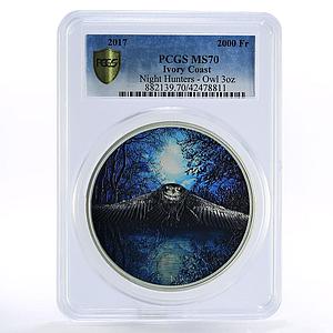 Ivory Coast 2000 francs Night Hunters Owl MS70 PCGS silver coin 2017