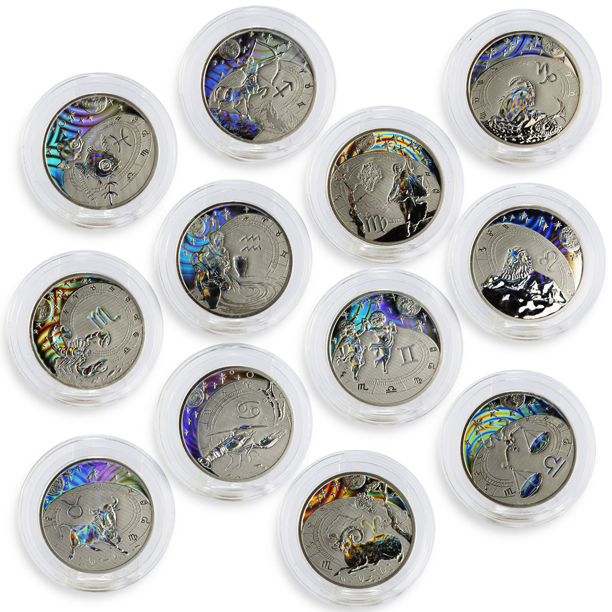 Cameroon set of 12 coins Zodiac Signs hologram silver coins 2010