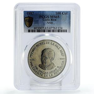 Costa Rica 100 colones President Oscar Arias Nobel Prize MS65 PCGS Ni coin 1987
