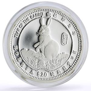 Liberia 20 dollars Lunar Calendar Year of the Rabbit Sitting silver coin 1999