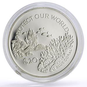 Tuvalu 20 dollars Protect Our World Marine Life Blue Coral Fish silver coin 1994