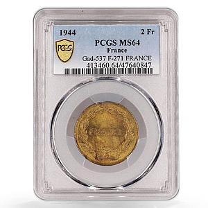 France 2 francs State Coinage Coat of Arms KM-905 MS64 PCGS brass coin 1944