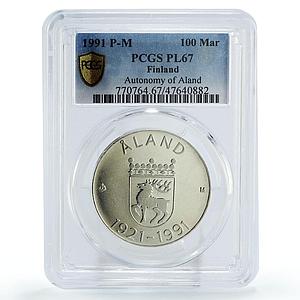 Finland 100 markkaa Aland Autonomy Ship Clipper PL67 PCGS silver coin 1991