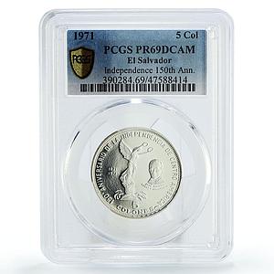 Salvador 5 colones 150 Years Independence Jose Simeon PR69 PCGS silver coin 1971