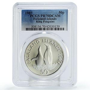 Falkland Islands 50 pence King Penguins Fauna PR70 PCGS silver coin 1987