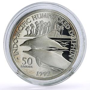 Marshall Islands 50 $ Marine Life Humpbacked Dolphin Fauna silver coin 1993