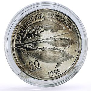 Marshall Islands 50 $ Marine Life Bottlenosed Dolphin Fauna silver coin 1993