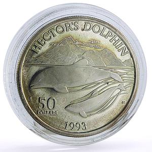 Marshall Islands 50 dollars Marine Life Hectors Dolphin Fauna silver coin 1993