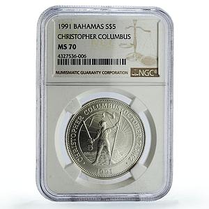 Bahamas 5 dollars Christopher Columbus Discovery KM-132 MS70 NGC Ag coin 1991