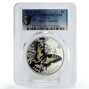 Niue 1 $ Conservation Papilio Machaon Butterfly Fauna PR68 PCGS silver coin 2011