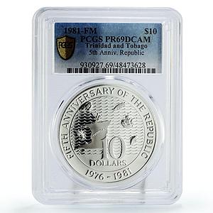 Trinidad and Tobago 10 $ Republic Independence Ship PR69 PCGS silver coin 1981