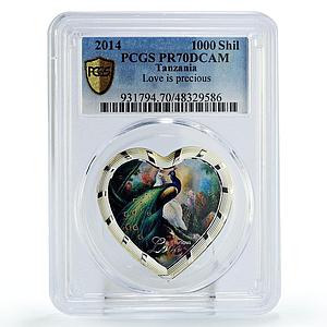 Tanzania 1000 shillings Precious Love Peacock Bird PR70 PCGS silver coin 2014