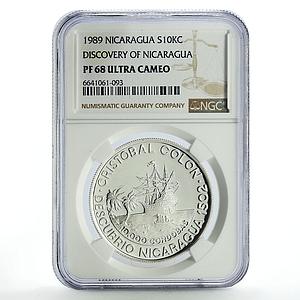 Nicaragua 10000 cordobas Discovery Columbus Ship Clipper PF68 NGC Ag coin 1989