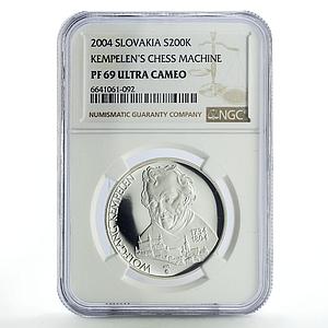 Slovakia 200 korun Wolfgang Kempelen Chess Machine PF69 NGC silver coin 2004